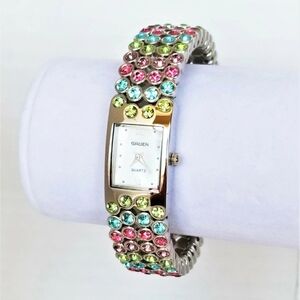 Gruen Womens Watch Wristwatch Cuff Bracelet Multicolor Crystals Mother of Pearl